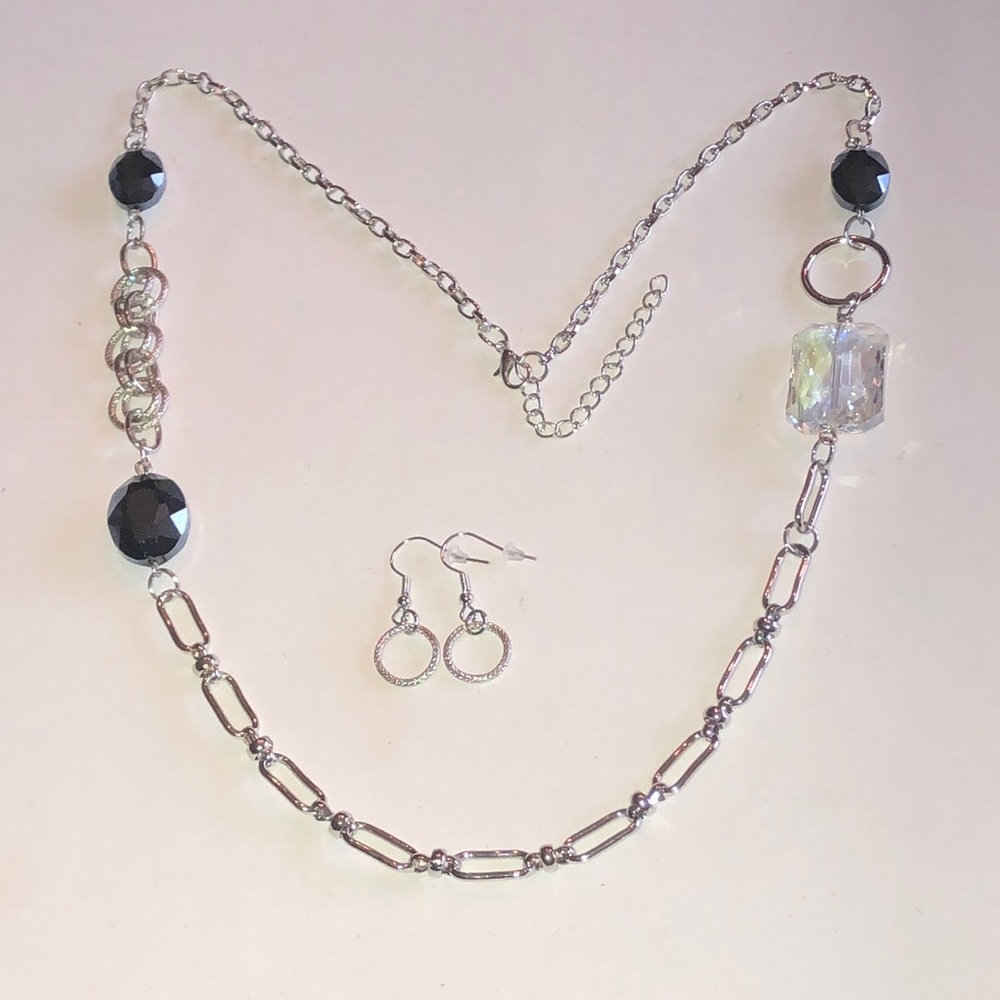Silver-Tone Crystal & Black Metallic Bead Necklace with Matching Hoop Earrings